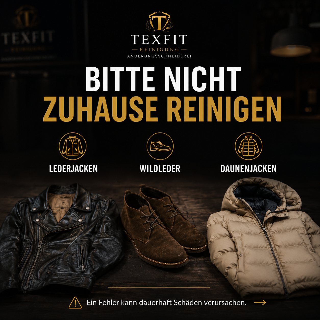 Leder, Wildleder und Daunenjacken bitte nicht zuhause reinigen